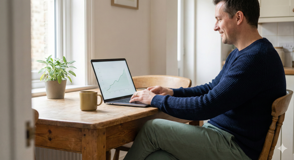 A candid photograph shows a man in a navy sweater and sage trousers sitting at a wooden table in a sunlit UK kitchen. He is smiling while looking at a laptop displaying a financial chart, with a mug and a small potted plant nearby, representing a relaxed approach to managing investments from home.