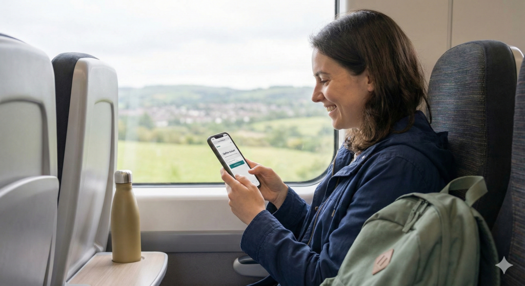 A candid photo of a woman on a train, smiling as she looks at a smartphone screen displaying a "Confirm Account" button for an ISA application. This illustrates the ease and speed of opening an account from anywhere.