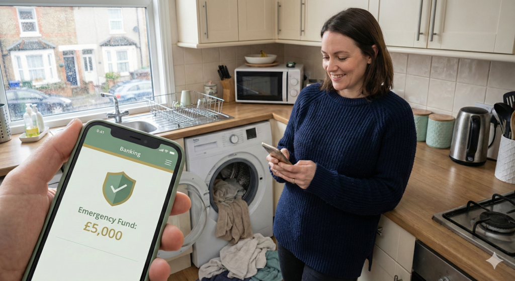 A woman standing in a home kitchen next to a broken washing machine with clothes spilling out. In the foreground, a hand holds a smartphone displaying a banking app with a secure 5000 pound emergency fund, showing financial preparedness.
