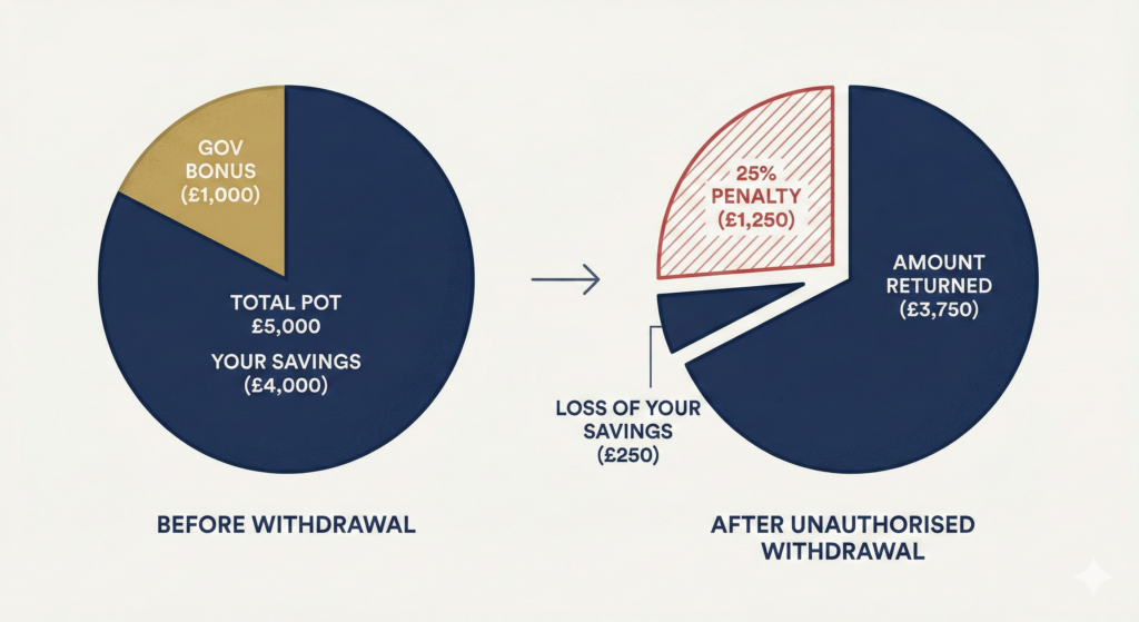 A before-and-after infographic comparing a Lifetime ISA pot. The "Before" pie chart shows a £5,000 pot containing £4,000 of "Your Savings" and a £1,000 "Gov Bonus." An arrow points to the "After" chart, which shows a 25% penalty of £1,250 being removed, leaving only £3,750 returned and highlighting a £250 "Loss of Your Savings."