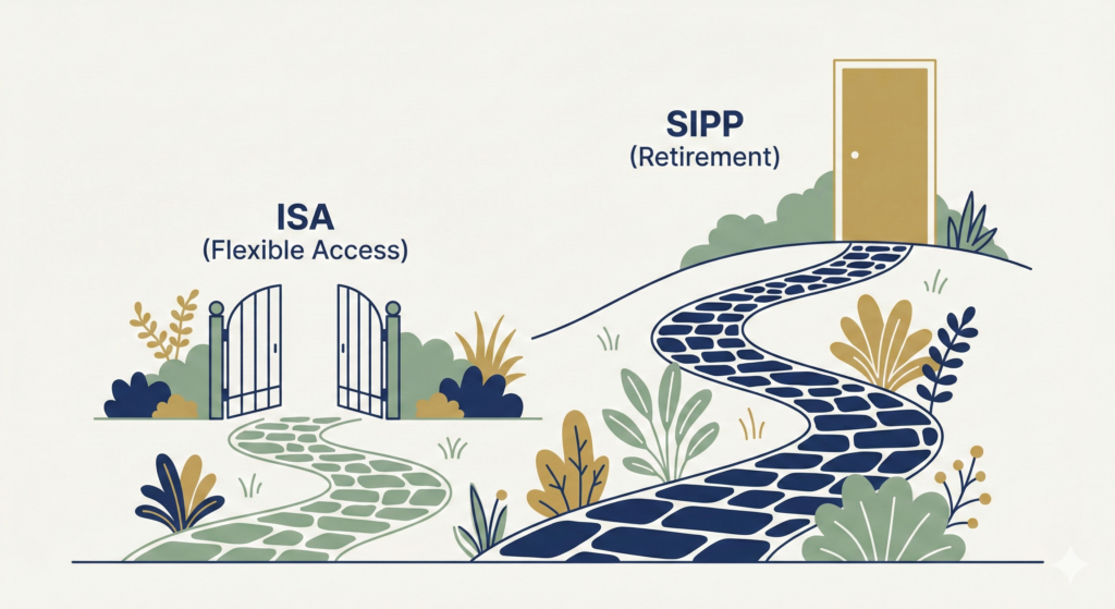 An illustration using a path metaphor to compare investing timelines: a short sage green path leads to an open gate labelled "ISA (Flexible Access)", alongside a longer navy blue path winding up a hill to a gold door labelled "SIPP (Retirement)".