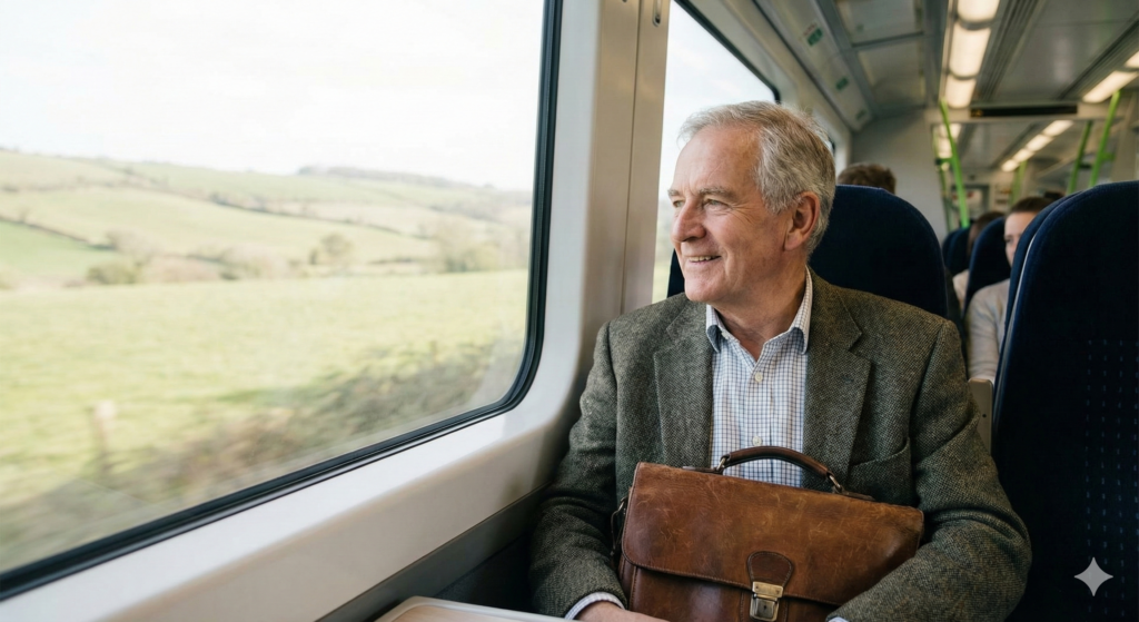 A photo of a smiling older man looking out the window of a train, representing the forward-looking perspective of planning for retirement and enjoying the fruits of long-term investing.