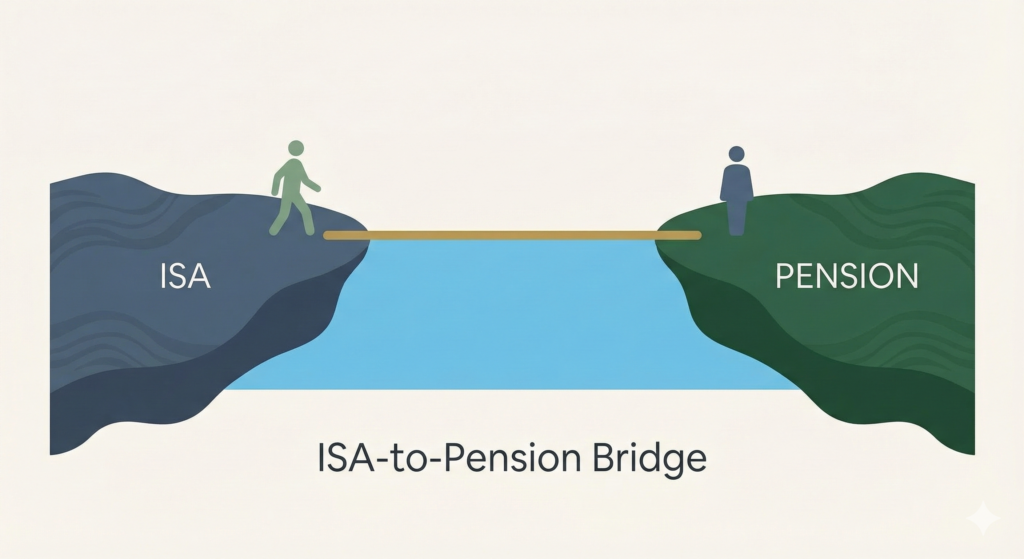 A simple conceptual illustration showing a person walking across a golden bridge that connects a slate blue cliff edge labelled ISA to a larger forest green cliff edge labelled Pension.