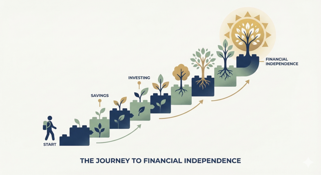 An illustration titled "The Journey to Financial Independence," showing a path of stepping stones labeled "Savings" and "Investing" where plants grow progressively larger, leading to a glowing sun icon representing Financial Independence.
