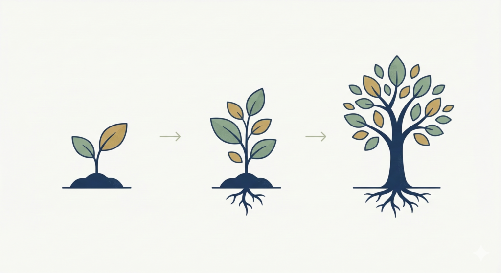 A clean flat design illustration depicting three stages of plant growth. It starts with a small seedling in soil, progresses to a medium plant with more leaves, and finishes as a fully grown, rooted tree, illustrating the progressive stages of wealth accumulation.