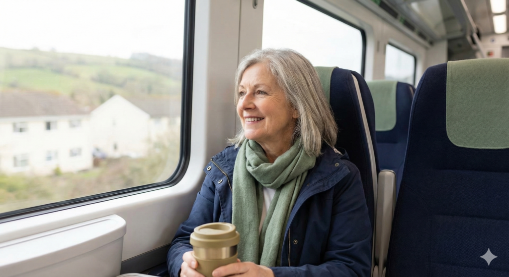 A content older woman with grey hair wearing a navy jacket and sage green scarf smiles while looking out the window of a modern train commute, holding a reusable coffee cup.