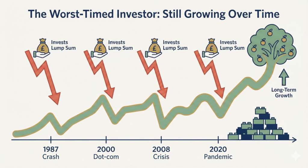 A timeline illustration titled 'The Worst-Timed Investor: Still Growing Over Time'. A green trend line moves across a timeline marked with '1987 Crash', '2000 Dot-com', '2008 Crisis', and '2020 Pandemic'. At each of these points, an icon of a money bag labelled 'Invests Lump Sum' is shown just before a sharp drop in the line. Despite these four drops, the trend line recovers and ends at a much higher point on the right, culminating in a large flourishing tree and a pile of blocks labelled 'Long-Term Growth'.