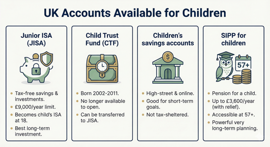 An informational graphic detailing four financial options for kids, featuring icons for a Junior ISA, a Child Trust Fund, a standard savings account, and a SIPP.
