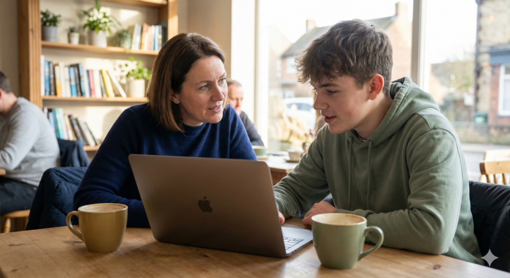 A mother and her older teenage son sitting together at a local café table having a focused discussion while looking at a laptop screen.