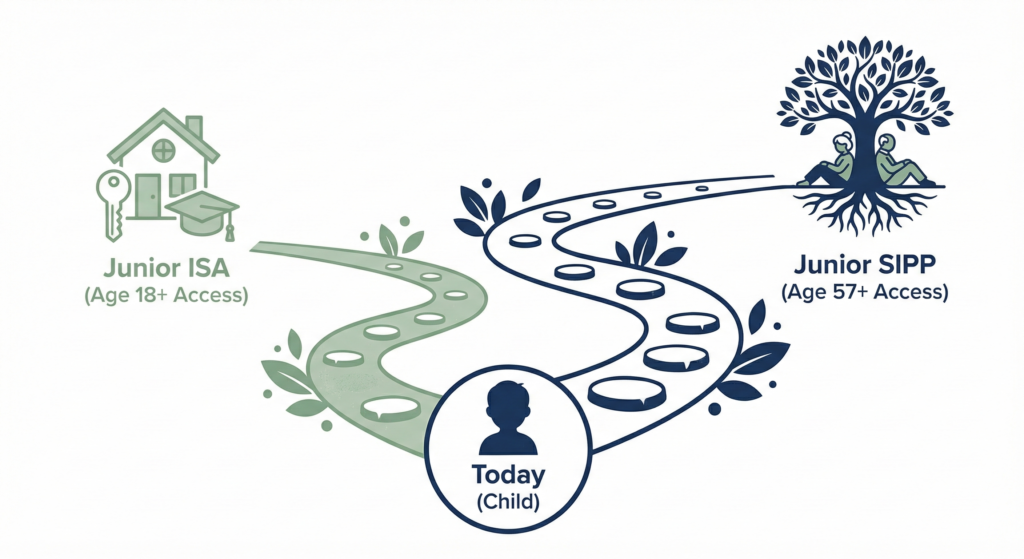 An illustration of a child at the start of two winding paths. A shorter green path leads to a house and graduation cap representing a Junior ISA at age 18. A much longer navy blue path leads to an older couple relaxing under a massive oak tree, representing a Junior SIPP at age 57 and beyond.