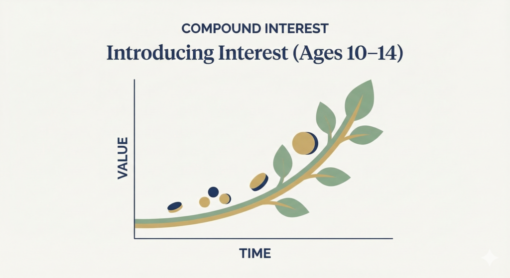 A minimalist chart illustrating compound interest featuring an upward curving line that sprouts leaves like a growing plant plotted against value and time axes.