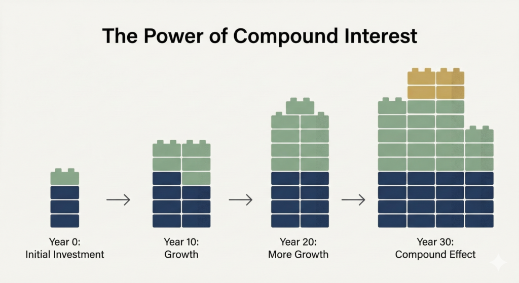 An infographic titled "The Power of Compound Interest" using stacking building blocks. It shows four stages from "Year 0" to "Year 30", where the stack of blocks, representing investment value, grows significantly larger at each stage.