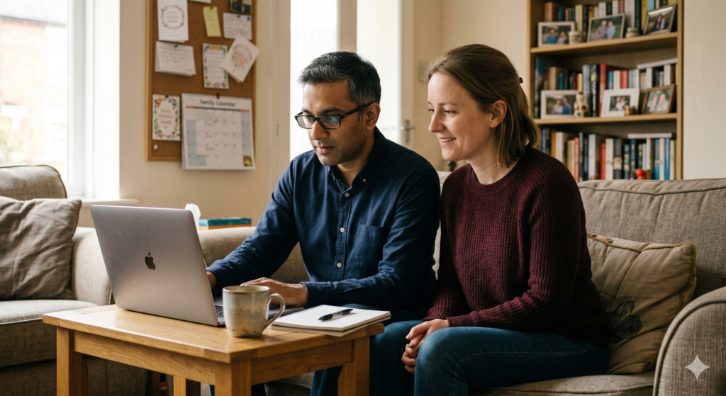 Jamie and Clare sit side by side on a sofa in their living room, both looking at a laptop screen on a coffee table in front of them. Jamie is wearing a navy shirt and glasses, Clare is wearing a burgundy jumper. Clare has a quiet smile. A notepad and pen sit on the coffee table beside the laptop. A family calendar is visible on a pinboard in the background.