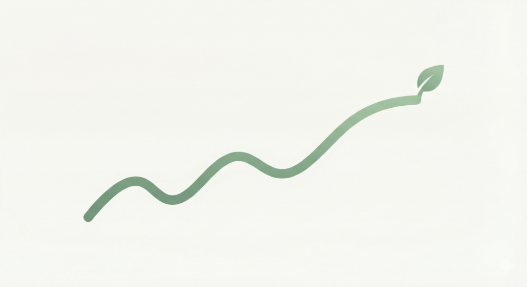 A simple, wavy green line on a light background that trends upwards from left to right, ending in a small leaf, symbolizing long term organic investment growth.
