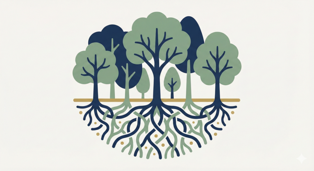 An illustration of a grove of trees with deep, interconnected roots forming a strong foundation, symbolizing the strength and stability of a diversified investment portfolio.