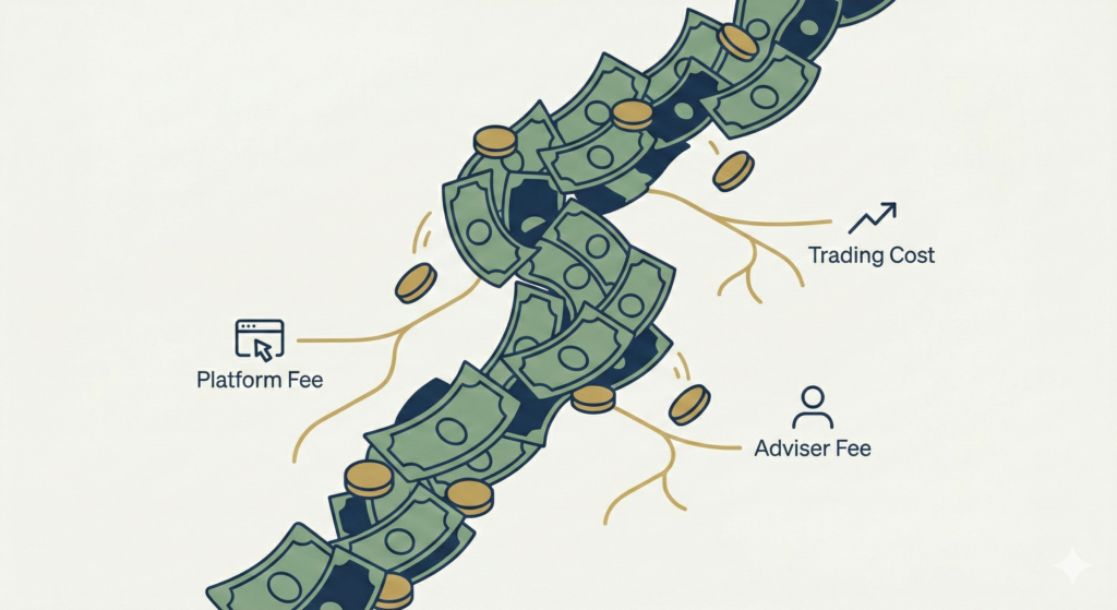 An illustration showing a winding path made of money, with smaller paths branching off and labelled as "Platform Fee," "Trading Cost," and "Adviser Fee," indicating how these costs reduce the overall investment.