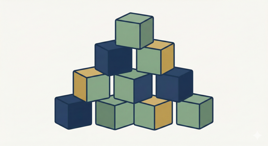 An illustration of building blocks in navy blue, sage green, and muted gold stacked neatly into a pyramid structure, representing steady, incremental growth.