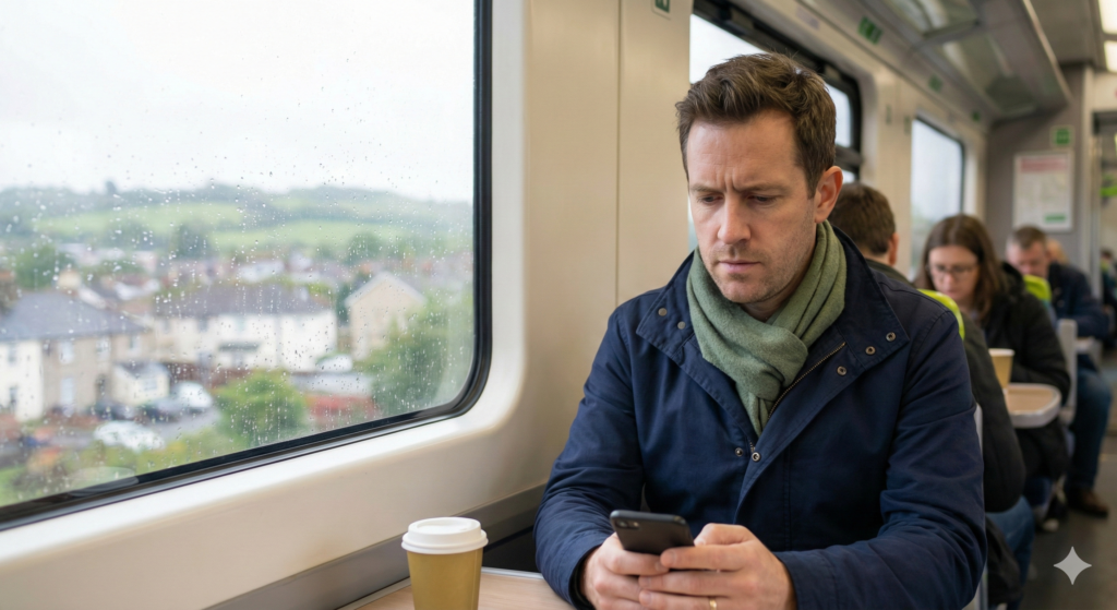 A candid photograph of a thoughtful man wearing a navy jacket and a sage green scarf. He is sitting on a typical UK commuter train looking at his smartphone, with a coffee cup on the table and rainy scenery visible through the window.