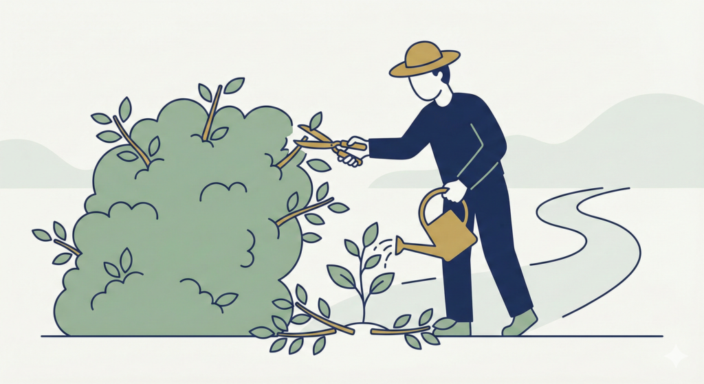 A clean flat design illustration shows a gardener in navy and muted gold attire gently pruning a large, overgrown sage green bush. The cut branches are being used to nurture a smaller, sprouting plant nearby, with a watering can. This visual metaphor represents the discipline of selling high-performing assets to buy undervalued ones, fostering long-term portfolio health.