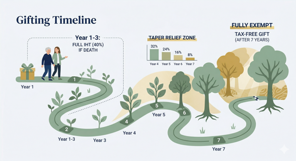 A clean flat design illustration showing a winding sage green path labelled "Gifting Timeline" against an off-white background with minimalist patterns. The path shows years 1 through 7, where small plants sprout and then grow into robust, rooting trees. Labels show decreasing tax percentages: Year 1-3 is "FULL IHT (40%) IF DEATH," years 4-7 are a "TAPER RELIEF ZONE" (with a decreasing percentage chart), and after year 7, the glade is labelled "FULLY EXEMPT" and "TAX-FREE GIFT (AFTER 7 YEARS)." A large tree stands at the path’s end.
