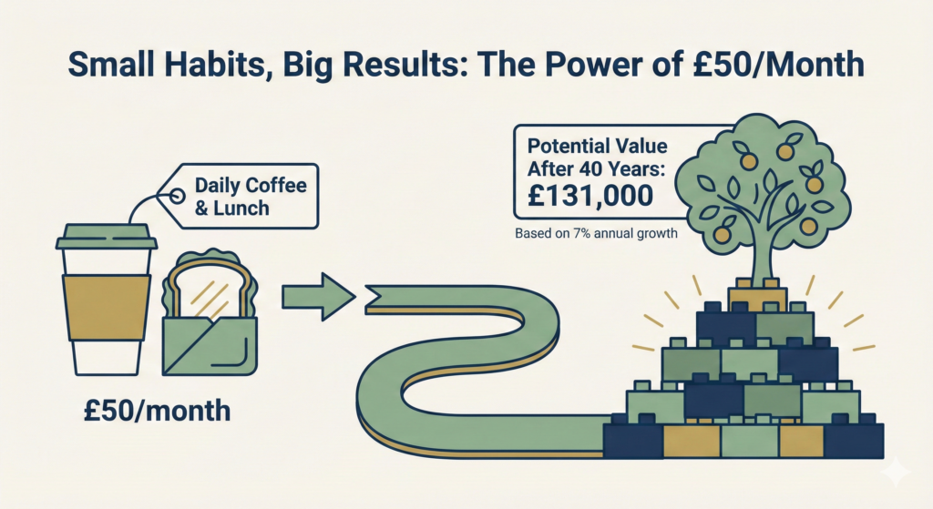 An illustration titled 'Small Habits, Big Results: The Power of £50/Month'. On the left, a takeaway coffee cup and a sandwich are shown with a price tag reading 'Daily Coffee & Lunch' and '£50/month'. An arrow leads from these items along a winding path to the right, pointing to a large pile of building blocks and a flourishing tree. A label above them reads 'Potential Value After 40 Years: £131,000', with 'Based on 7% annual growth' in smaller text below.