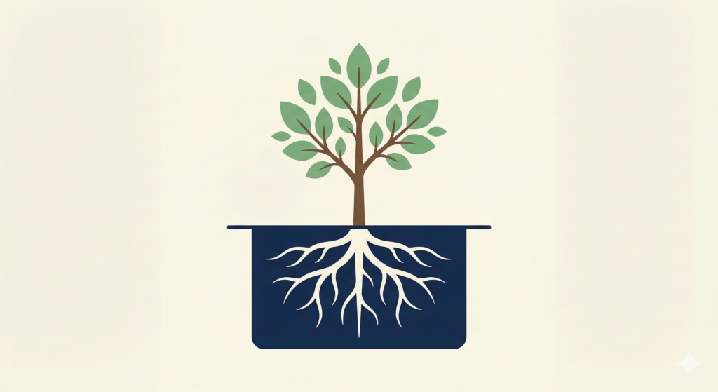 A flat design illustration of a small tree with vibrant green leaves and deep white roots growing in dark blue soil.