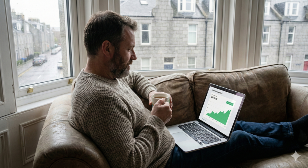 A man relaxing on a brown leather sofa next to a traditional window on a rainy day. He is holding a mug and calmly reviewing his investment portfolio on a laptop. The setting resembles a typical cosy granite flat in Aberdeen, highlighting that everyday people invest.