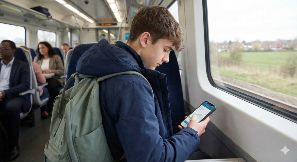 A teenage boy sitting by a window on a train commute, checking a financial graph on his smartphone banking app.