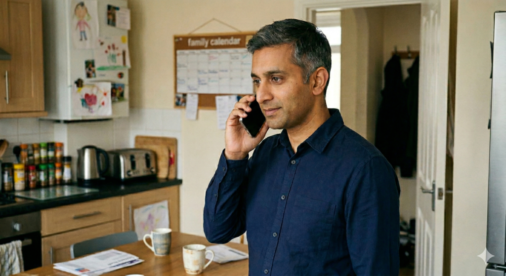 Jamie, a British South Asian man in his late thirties wearing a navy shirt, stands in his kitchen talking on his mobile phone with a calm and purposeful expression. Children's drawings and a family calendar are visible on the wall behind him. Two mugs and some documents sit on the kitchen table in the foreground. A kettle and spice rack are visible in the background.