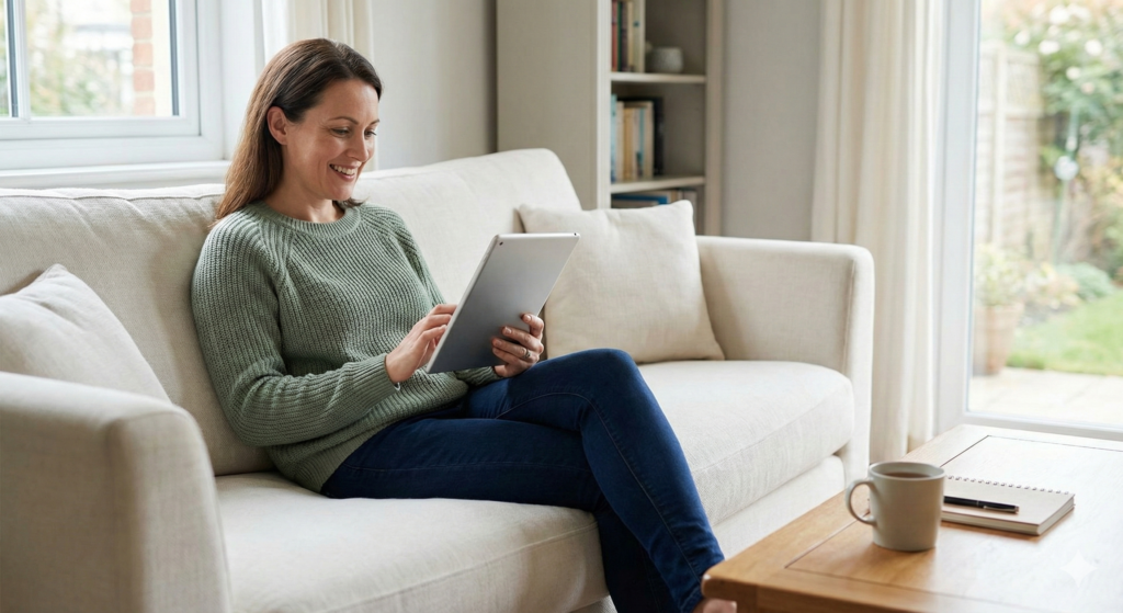 A woman sitting comfortably on a sofa in a bright living room, smiling as she uses a tablet to manage her investments.