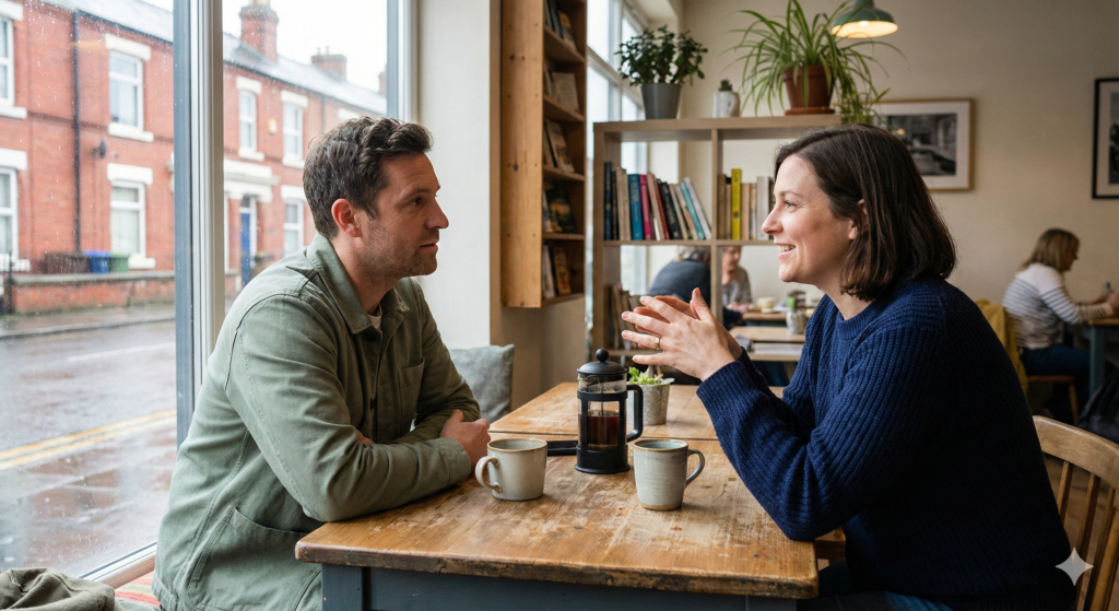 A documentary-style photo of a man and woman engaged in conversation at a cafe table with coffee mugs and a French press, looking relaxed and focused on their discussion.