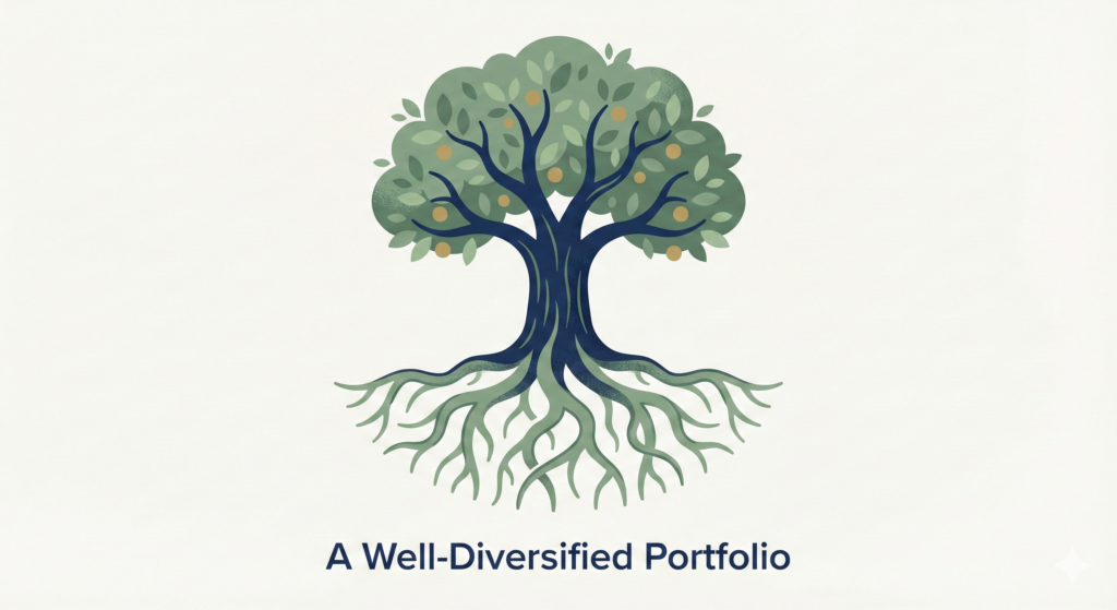 A stylized, flat design illustration of a robust tree with a thick, deep navy trunk and expansive sage green roots branching out into the ground. The tree has a full canopy with sage leaves and muted gold fruits, with the text "A Well-Diversified Portfolio" underneath.