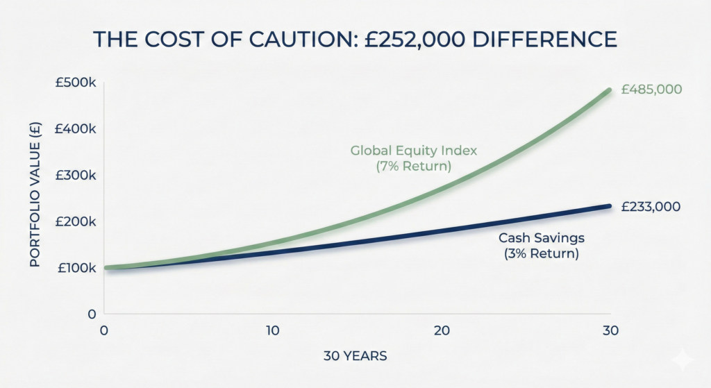 "THE COST OF CAUTION: £252,000 DIFFERENCE" comparing the growth of a portfolio over 30 years. A lower line for "Cash Savings (3% Return)" ends at £233,000, while a higher, curving line for "Global Equity Index (7% Return)" ends at £485,000.