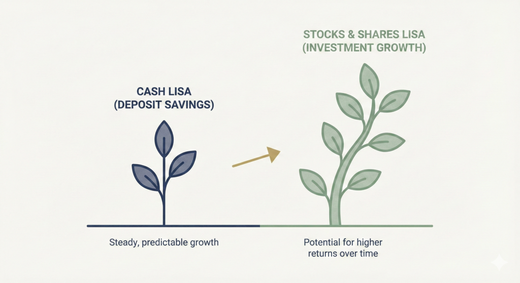 A comparison illustration with two stylized plants. On the left, a smaller navy blue plant is labeled "CASH LISA (DEPOSIT SAVINGS)" with the text "Steady, predictable growth." An arrow points to the right, where a larger, flourishing sage green plant is labelled "STOCKS & SHARES LISA (INVESTMENT GROWTH)" with the text "Potential for higher returns over time."