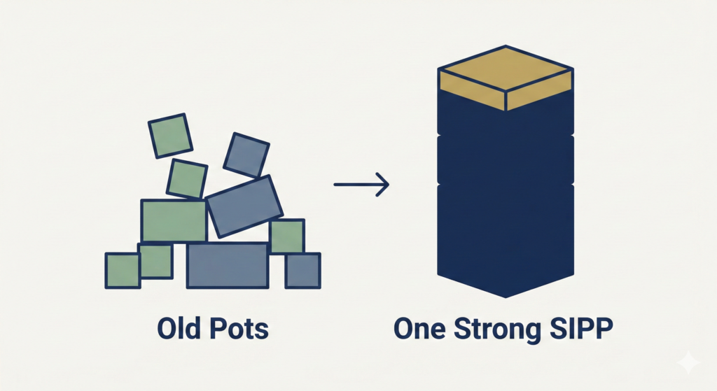 A flat design illustration showing a pile of scattered, messy building blocks labelled "Old Pots" being reorganized into a single, solid navy blue and gold tower labelled "One Strong SIPP", symbolizing pension consolidation.