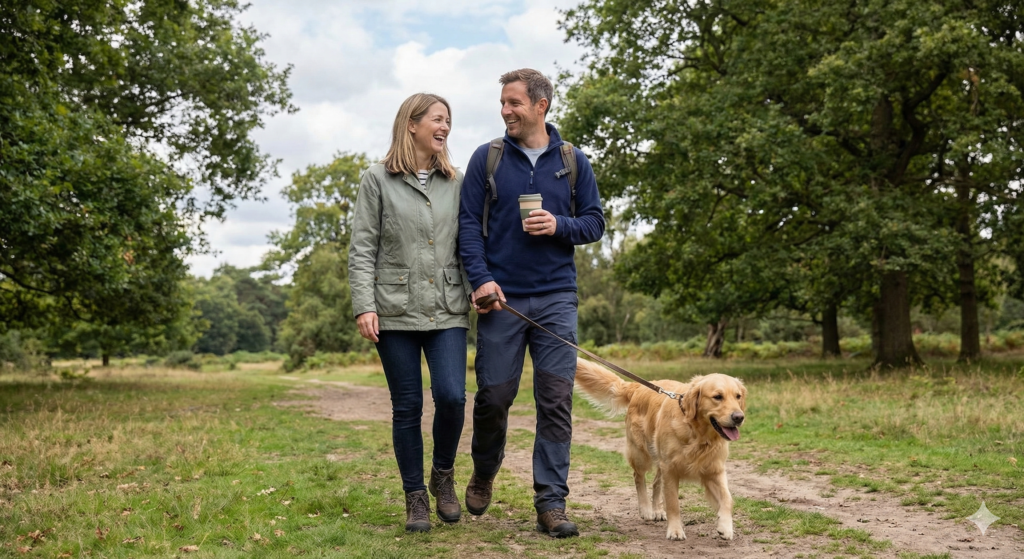 A cheerful couple wearing practical outdoor clothing walking their golden retriever dog through a grassy UK park on a bright day, representing the fulfilment of a simple and intentional lifestyle.
