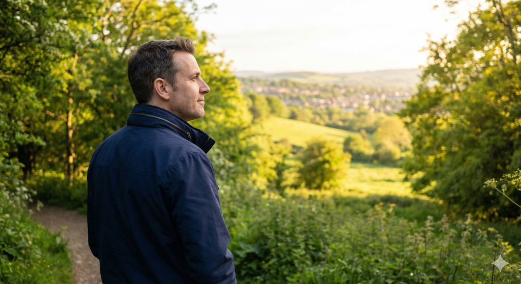 A relaxed man enjoying a peaceful walk in a lush green UK countryside setting.
