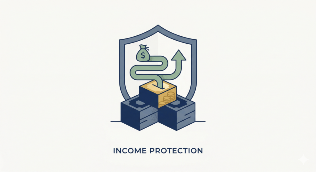 A minimalist flat illustration showing stacking navy blue and sage green building blocks forming a robust foundation. A single muted gold block in the centre represents crucial support, symbolizing income protection as a reliable financial baseline.