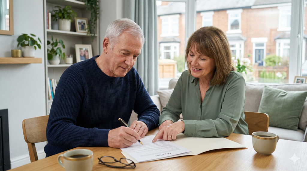A candid, well-lit photo of an older couple collaborating happily on documents at a dining table, illustrating a focused approach to estate planning within a calm UK home environment. Cups of coffee and reading glasses are on the table.