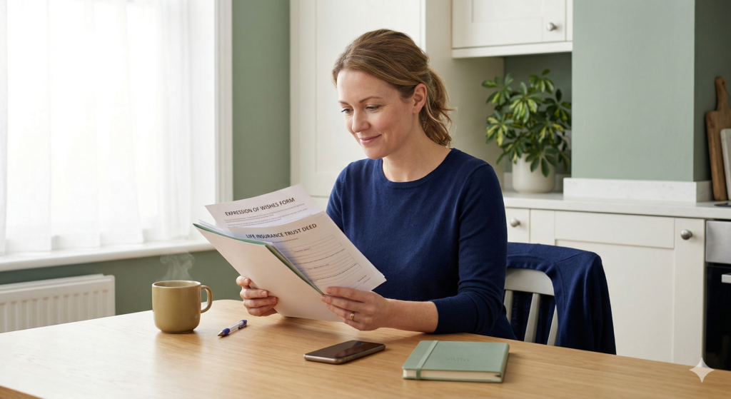 A candid photograph in a cozy UK home setting. A woman in a navy blue sweater smiles while reviewing paperwork clearly labelled "Expression of Wishes" and "Life Insurance Trust Deed," with a cup of tea nearby.