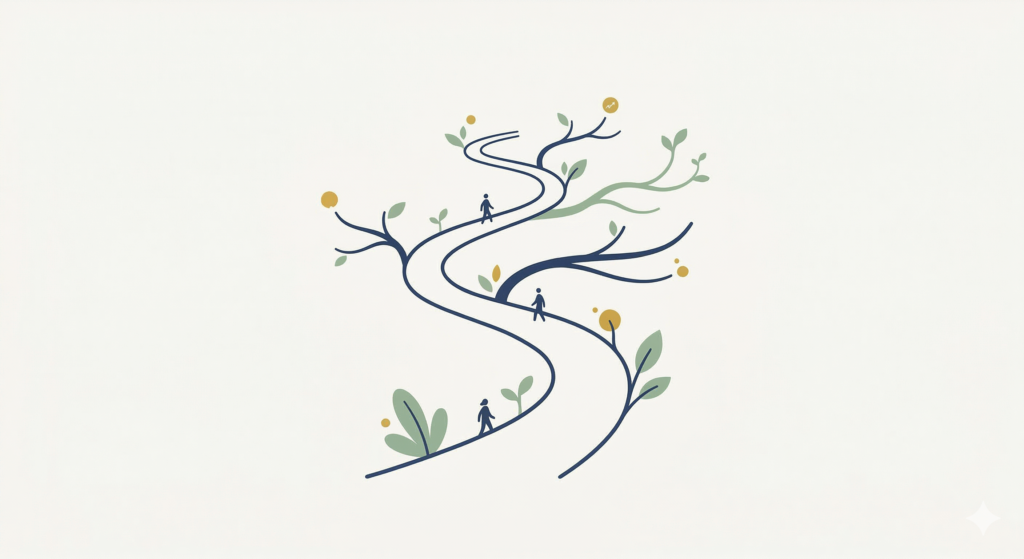 A clean, flat illustration on an off-white background. A winding navy blue main path branches upwards into multiple sage green pathways. Small minimalist blue figures walk on different routes, with muted gold dots representing financial opportunities along the journey.