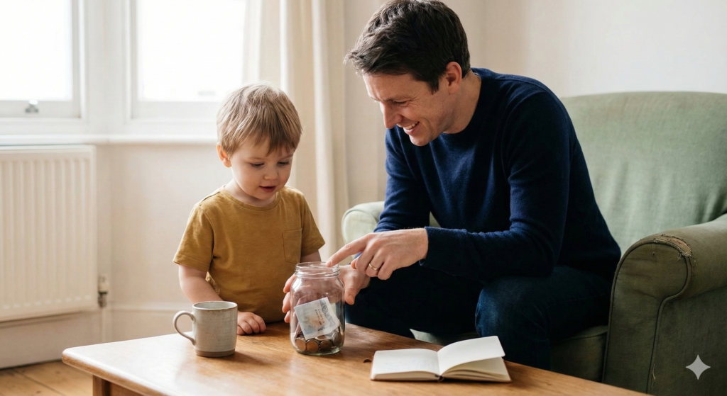 A candid photo of a smiling father and young son sitting in a bright living room, placing coins into a clear glass savings jar.