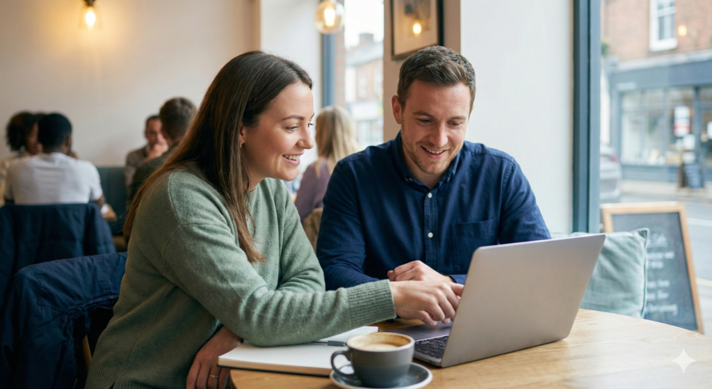 Two people in a cafe, one smiling while pointing at a laptop screen, discussing investments over coffee.