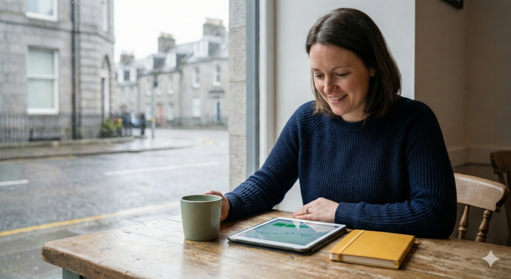 A woman in a UK cafe smiling while reviewing investment charts on her tablet.
