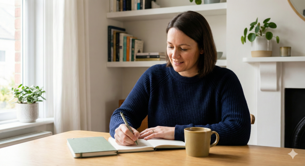 A woman sits at a wooden table in a cosy living room, writing in a notebook with a mug of coffee beside her, representing the first steps of planning finances.