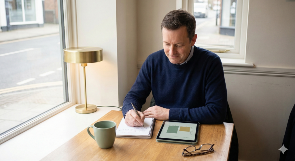A calm man sitting at a bright café table taking notes while reviewing a minimalist financial chart on his tablet, featuring a cohesive navy blue and sage green color palette.