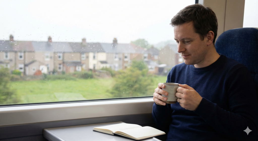 A man holding a coffee mug and looking thoughtfully at a notebook on a train, representing calm financial planning.