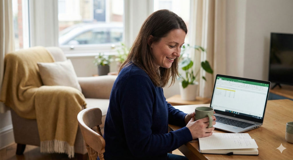 A woman smiling relaxed as she reviews a spreadsheet on a laptop and writes in a notebook at a wooden table in a sunlit living room.