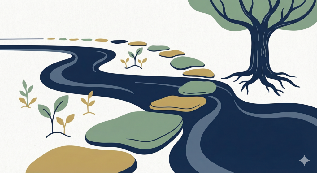 A calm illustration of a winding river with stepping stones leading across the water toward a large, deeply rooted tree, symbolizing a secure financial path to retirement.
