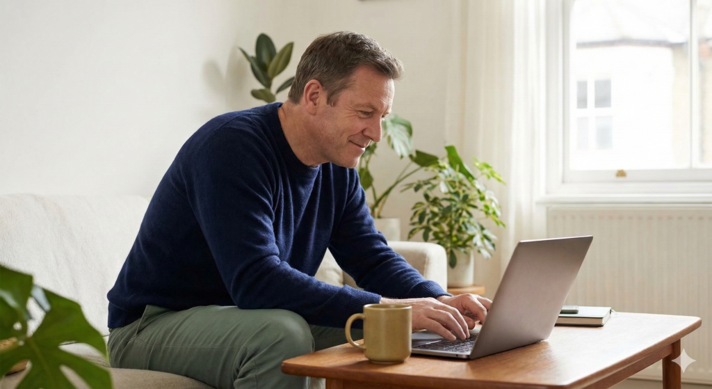 A middle aged man in a navy blue sweater sits comfortably on a bright living room sofa, smiling as he types on a laptop with a mug of coffee on the wooden table in front of him.